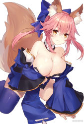 Rule 34 | 10s, 1girl, animal ears, artist name, bare shoulders, blue thighhighs, blush, breasts, choker, cleavage, closed mouth, detached sleeves, fate/extra, fate (series), fox ears, fox tail, hair between eyes, highres, kneeling, large breasts, pink hair, short hair, simple background, solo, tail, tamamo (fate), tamamo no mae (fate/extra), thighhighs, white background, wumumu, yellow eyes