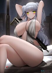 Rule 34 | 1girl, armpits, arms behind head, arms up, azur lane, backless dress, backless outfit, bare shoulders, blush, breasts, car, cleavage, closed mouth, cosplay, crossed legs, dress, earrings, evening gown, feet out of frame, gdat, girls&#039; frontline, grey hair, gun, hair ornament, halter dress, halterneck, hk416 (girls&#039; frontline), jewelry, large breasts, long hair, looking at viewer, mclaren, mclaren p1, motor vehicle, necklace, official alternate costume, plunging neckline, revealing clothes, side ponytail, sidelocks, silver dress, sitting on car, skirt, solo, sports car, st. louis (azur lane), st. louis (azur lane) (cosplay), st. louis (luxurious wheels) (azur lane), thighs, very long hair, weapon
