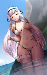 Rule 34 | 1girl, armband, bad id, bad pixiv id, bikini, black lilith, black lilith (last origin), black ribbon, breasts, cross, day, dutch angle, gluteal fold, hair ribbon, hairband, half-closed eyes, highres, jewelry, large breasts, last origin, lens flare, light purple hair, long hair, looking at viewer, naughty face, navel, necklace, ocean, outdoors, pairleaf, parted lips, pouch, red cross, ribbon, rock, side-tie bikini bottom, skindentation, smile, solo, standing, string bikini, swept bangs, swimsuit, thigh strap, transparent, twitter username, undressing, untying, very long hair, wading, water, wristband, yellow eyes