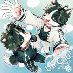 Rule 34 | 2boys, ahoge, animal collar, animal ears, animal hands, arms up, artist logo, artist name, bishounen, black footwear, black fur, black hair, black jacket, black pants, black shirt, blue background, body fur, claws, closed mouth, cloud background, collar, cropped jacket, dog boy, dog ears, dog tail, english text, full body, furry, furry male, gradient background, green eyes, high collar, highres, jacket, light blush, long sleeves, looking at viewer, mokotalow11, multiple boys, open clothes, open jacket, open mouth, original, pants, perspective, polka dot, polka dot background, purple eyes, reaching, reaching towards viewer, red collar, shirt, short hair, siblings, standing, tail, tongue, tongue out, twins, white fur, white jacket, white pants, white shirt