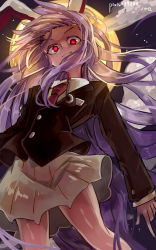 Rule 34 | &gt;:), 1girl, animal ears, artist name, backlighting, black jacket, blazer, blush, buttons, closed mouth, cloud, collared shirt, colored eyelashes, cowboy shot, crescent, crescent moon, crescent pin, eyebrows, facing away, floating hair, full moon, highres, ichirugi, index finger raised, jacket, long hair, long sleeves, looking at viewer, miniskirt, moon, necktie, night, night sky, outdoors, pin, pixiv id, pleated skirt, purple hair, rabbit ears, red eyes, red necktie, reisen udongein inaba, shirt, sidelocks, skirt, sky, smile, solo, standing, star (sky), starry sky, touhou, v-shaped eyebrows, very long hair, white shirt, white skirt