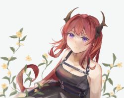 Rule 34 | 1girl, arknights, bare shoulders, black dress, breasts, commentary request, dress, grey background, highres, horns, long hair, looking at viewer, lv2 1130, medium breasts, parted lips, partial commentary, purple eyes, red hair, simple background, sleeveless, sleeveless dress, solo, surtr (arknights), upper body, very long hair