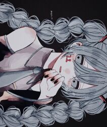 Rule 34 | 1girl, aegyo sal, black background, black nails, blue eyes, blue hair, blue necktie, braid, detached sleeves, facial tattoo, hand up, hatsune miku, kajuu xx, long hair, looking to the side, nail polish, necktie, number tattoo, open mouth, simple background, solo, tattoo, teeth, twin braids, twitter username, upper body, upper teeth only, vocaloid