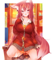 Rule 34 | 1girl, animal ears, breasts, brown hair, casual, cleavage, collarbone, commentary, commentary request, fang, full body, hair ornament, heart, heart-shaped pupils, imaizumi kagerou, indoors, koha, large breasts, long hair, looking at viewer, open mouth, red eyes, skirt, solo, symbol-shaped pupils, tail, touhou, wolf ears, wolf tail