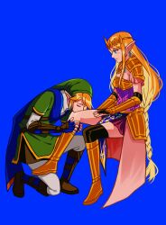 Rule 34 | 1boy, 1girl, absurdres, blonde hair, blue background, blue eyes, boots, closed eyes, drop earrings, earrings, fuwafuwallen, gold footwear, green tunic, highres, hyrule warriors, invisible chair, jewelry, kissing leg, knee boots, link, long hair, nintendo, parted lips, pointy ears, princess zelda, simple background, sitting, the legend of zelda, tiara