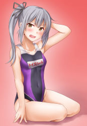Rule 34 | 1girl, anti (untea9), black one-piece swimsuit, blush, breasts, collarbone, competition swimsuit, covered navel, gradient background, grey hair, highres, kantai collection, kasumi (kancolle), long hair, looking at viewer, multicolored clothes, multicolored swimsuit, one-piece swimsuit, open mouth, pink background, purple one-piece swimsuit, side ponytail, sitting, small breasts, solo, swimsuit, twitter username, wariza, yellow eyes