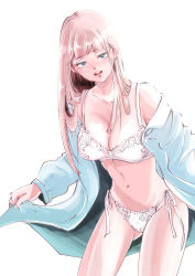 Rule 34 | 1girl, artist request, bathrobe, blouse, blue eyes, bra, breasts, brown hair, cleavage, commentary request, hair over shoulder, highres, katou asuka, large breasts, long hair, looking at viewer, navel, open clothes, open mouth, open robe, open shirt, panties, robe, shirt, side-tie panties, solo, underwear, watashi ga motenai no wa dou kangaetemo omaera ga warui!, white bra, white panties, white shirt