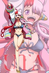Rule 34 | 1girl, absurdres, bikini, bikini under clothes, black bikini, breasts, full body, happy, highres, japanese clothes, large breasts, le reef, long hair, looking at viewer, multicolored hair, navel, one eye closed, one piece, shiny skin, swimsuit, two-tone hair, uta (one piece), very long hair, wink