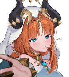 Rule 34 | 1girl, bare shoulders, blue eyes, blush, brooch, forehead jewel, genshin impact, highres, horns, jewelry, kkuni, long hair, looking at viewer, neck ring, nilou (genshin impact), outstretched hand, red hair, simple background, smile, solo, twintails, twitter username, upper body, veil, white background