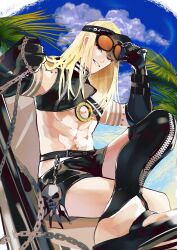 Rule 34 | 1boy, adjusting eyewear, beach, belt buckle, black sleeves, black thighhighs, blonde hair, buckle, chain, chest belt, detached sleeves, e rrrt, fate/grand order, fate (series), foreshortening, gun, highres, leg up, legs together, long hair, long sleeves, looking at viewer, male focus, official alternate costume, one-piece swimsuit, palm tree, sand, single thighhigh, sky, solo, sunglasses, tezcatlipoca (fate), tezcatlipoca (summer break) (fate), thighhighs, thighs, toned, toned male, tree, turtleneck, turtleneck one-piece swimsuit, water, weapon, zipper legwear
