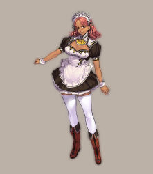 Rule 34 | 10s, 1girl, apron, azusa (hws), boots, breasts, cleavage, cleavage cutout, clothing cutout, dark-skinned female, dark skin, full body, highres, large breasts, looking at viewer, maid, maid apron, maid headdress, pink eyes, pink hair, short hair, simple background, skirt, smile, solo, suisei no gargantia, thighhighs, white thighhighs, wrist cuffs, zettai ryouiki