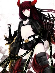 Rule 34 | 10s, 1girl, bad id, bad pixiv id, belt, bikini, bikini top only, black bikini, black gold saw, black rock shooter, black thighhighs, breasts, chain, checkered background, cleavage, cropped jacket, highres, horns, king saw, long hair, looking at viewer, meiko (puua), midriff, navel, pale skin, red eyes, red hair, short shorts, shorts, skull, small breasts, smile, solo, swimsuit, sword, thighhighs, underboob, unzipped, weapon