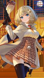 Rule 34 | 1girl, absurdres, black gloves, black thighhighs, blonde hair, blue eyes, breasts, brown capelet, brown jacket, brown skirt, capelet, collared shirt, commentary request, gloves, gun, hair ornament, handgun, highres, holding, holding gun, holding weapon, hololive, hololive english, inari (ambercrown), jacket, long sleeves, medium breasts, medium hair, mixed-language commentary, necktie, open clothes, open jacket, pistol, plaid, plaid skirt, pleated skirt, red necktie, shirt, skirt, solo, suppressor, thighhighs, virtual youtuber, watson amelia, watson amelia (1st costume), weapon, white shirt