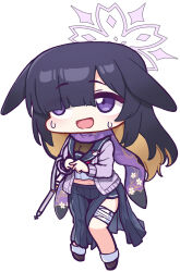 Rule 34 | 1girl, :d, absurdres, animal ears, bandaged leg, bandages, black hair, black sailor collar, black skirt, blue archive, breasts, brown footwear, brown hair, cardigan, chibi, cleavage, crop top, full body, hair over one eye, halo, highres, long sleeves, looking away, looking to the side, medium breasts, midriff, multicolored hair, navel, nervous smile, open cardigan, open clothes, open mouth, panatisia, pleated skirt, purple cardigan, purple eyes, sailor collar, shirt, shoes, side slit, simple background, skirt, smile, socks, solo, standing, sweat, tsukuyo (blue archive), two-tone hair, white background, white shirt, white socks