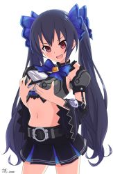 armpits belt black_hair bow breasts crop_top long_hair medium_breasts neptune_(series) noire_(neptunia) red_eyes skeb skirt sports_bra twintails