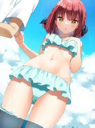 Rule 34 | 1girl, :o, bikini, black ribbon, blue bikini, blue sky, blush, braid, breasts, cloud, commentary request, day, frilled bikini, frills, from below, hair ribbon, hand on own chest, highres, medium hair, muninshiki, navel, original, outdoors, parted lips, red hair, ribbon, shirt grab, short sleeves, sky, solo focus, stomach, swimsuit, wading, water, wet, yellow eyes