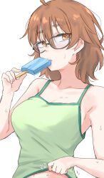 Rule 34 | 1girl, ahoge, araki hina, bare shoulders, breasts, camisole, camisole lift, clothes lift, collarbone, eating, food, glasses, green camisole, highres, holding, holding food, holding ice cream, ice cream, ice cream bar, idolmaster, idolmaster cinderella girls, lifted by self, looking at viewer, medium breasts, orange hair, simple background, solo, sweat, unu (unucence), upper body, white background