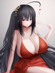 Rule 34 | 1girl, alcohol, azur lane, bare shoulders, black hair, breasts, center opening, champagne, champagne flute, choker, cleavage, cocktail dress, crossed bangs, cup, dress, drinking glass, evening gown, hair between eyes, hair ornament, halter dress, halterneck, heart, highres, huge breasts, long hair, looking at viewer, metae, official alternate costume, pouring, pouring onto self, red choker, red dress, red eyes, simple background, sitting, sleeveless, sleeveless dress, solo, taihou (azur lane), taihou (forbidden feast) (azur lane), very long hair