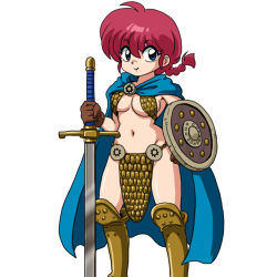 Rule 34 | 1girl, :&gt;, armor, bikini armor, blue eyes, boots, braid, braided ponytail, breasts, cape, cosplay, female focus, genderswap, genderswap (mtf), gladiator, gloves, hayashibara megumi, large breasts, lowres, navel, one piece, pelvic curtain, ranma-chan, ranma 1/2, rebecca (one piece), rebecca (one piece) (cosplay), red hair, saotome ranma, shield, short hair, simple background, single braid, solo, sword, voice actor connection, wanta (futoshi), weapon, white background