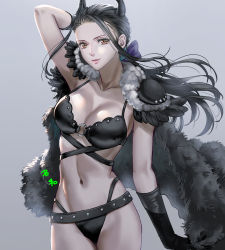 Rule 34 | 1girl, arm up, armor, bad id, bad pixiv id, beast pirates uniform, belt, bikini, black belt, black bikini, black gloves, black hair, breasts, cape, cleavage, closed mouth, collarbone, commentary, cowboy shot, elbow gloves, english commentary, feather trim, feathers, forehead, fur cape, gloves, grey background, hair pulled back, hair ribbon, highleg, highleg bikini, horns, large breasts, lips, long hair, looking at viewer, mixed-language commentary, navel, nico robin, o-ring, o-ring bikini, official alternate costume, one piece, orange eyes, ponytail, purple ribbon, ribbon, shinmanawa, shoulder armor, simple background, smile, solo, stomach, studded belt, studded bikini, swimsuit