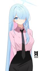 Rule 34 | 1girl, arms behind back, black necktie, black skirt, blue archive, blue hair, blue halo, braid, collared shirt, colored inner hair, cryne, general student council president (blue archive), hair over one eye, halo, highres, looking at viewer, multicolored hair, necktie, pink hair, pink shirt, shirt, single braid, skirt, smile, solo, white background