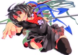 Rule 34 | 1girl, arm up, asymmetrical wings, black dress, black hair, black thighhighs, bow, clenched teeth, dress, houjuu nue, kneeling, looking at viewer, no panties, open mouth, polearm, puffy short sleeves, puffy sleeves, red eyes, red footwear, shoes, short sleeves, simple background, solo, teeth, teinba, thighhighs, touhou, trident, uneven eyes, weapon, wings, zettai ryouiki