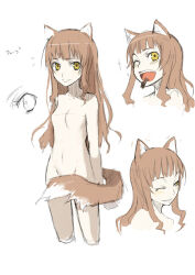 Rule 34 | 1girl, animal ears, ayakura juu, breasts, brown hair, commentary request, completely nude, concept art, holo, light smile, long hair, multiple views, nude, one eye closed, open mouth, sketch, small breasts, smile, spice and wolf, tail, wolf ears, wolf girl, wolf tail, yellow eyes