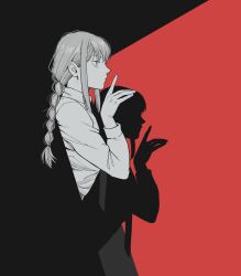 Rule 34 | 1girl, absurdres, black necktie, braid, braided ponytail, chainsaw man, collared shirt, florbetriz, greyscale with colored background, highres, looking to the side, makima (chainsaw man), medium hair, monochrome, necktie, shadow, shirt, sidelocks, solo, white shirt