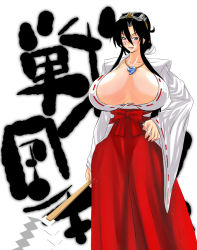 Rule 34 | 1girl, 7961 shiki, atlus, black hair, blue eyes, blue hair, bow, breasts, cleavage, collar, covered erect nipples, detached sleeves, goggles, goggles on head, gohei, hair bow, hair ornament, hair ribbon, hakama, hakama skirt, hand on own hip, hip focus, holding, huge breasts, japanese clothes, jewelry, kimono, kimono skirt, large breasts, long hair, magatama, matching hair/eyes, miko, necklace, necktie, nipples, no bra, open clothes, open shirt, pointy ears, ponytail, psikyo, ribbon, sandals, sengoku ace, sengoku ace episode ii, sengoku blade, sengoku cannon, shiny skin, shirt, simple background, skirt, smile, smirk, solo, standing, tengai, togashi koyori, very long hair, weapon, wide sleeves