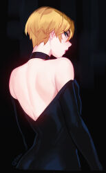Rule 34 | 1boy, animification, back, backless dress, backless outfit, bare shoulders, black choker, black dress, blue eyes, choker, commentary, crossdressing, dress, english commentary, eyelashes, from behind, hair between eyes, highres, lips, looking at viewer, looking back, male focus, pink lips, pyrocynical, qtori, real life, shiny clothes, short hair, signature, solo, tight clothes, tight dress, trap, upper body