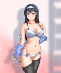 Rule 34 | 1girl, black hair, black pantyhose, blue bra, blue panties, blue shirt, blush, bow, bow bra, bow panties, bra, breasts, cleavage, closed mouth, clothes pull, commentary request, cowboy shot, frilled panties, frills, groin, hairband, highres, kasumigaoka utaha, large breasts, light blush, long hair, long sleeves, looking at viewer, navel, no pants, off shoulder, panties, pantyhose, pantyhose pull, partial commentary, pulled by self, red eyes, saenai heroine no sodatekata, shirt, shirt pull, smile, solo, standing, thighs, tuubou, underwear, white hairband