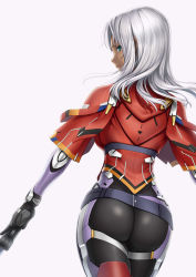 Rule 34 | 1girl, armor, ass, belt, blue eyes, bodysuit, commentary request, dark skin, dark-skinned female, elma (xenoblade x), from behind, gloves, gun, long hair, looking at viewer, looking back, nintendo, solo, tanaka shoutarou, weapon, white hair, xenoblade chronicles (series), xenoblade chronicles x