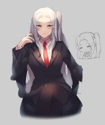 Rule 34 | 1girl, angela (project moon), ap5ry, black jacket, black skirt, blue hair, brown pantyhose, chair, closed mouth, collared shirt, grey background, jacket, lobotomy corporation, long hair, looking at viewer, multiple views, necktie, office chair, one side up, pantyhose, parted bangs, project moon, red necktie, shirt, sidelocks, simple background, skirt, swivel chair, very long hair, white hair, wing collar, yellow eyes