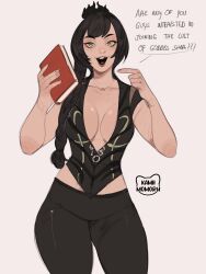 Rule 34 | 1girl, artist name, baldur&#039;s gate, baldur&#039;s gate 3, black hair, black pants, black vest, book, braid, breasts, cleavage, commentary, contrapposto, cowboy shot, dungeons &amp; dragons, english commentary, english text, green eyes, hair ornament, hair over shoulder, highres, holding, holding book, kamii momoru, medium breasts, multicolored eyes, open mouth, pants, plunging neckline, pointing, red eyes, shadowheart (baldur&#039;s gate), single braid, smile, solo, thighs, vest, yoga pants