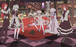 Rule 34 | 6+girls, blonde hair, book, boots, bow, braid, couch, demon wings, drink, female focus, flandre scarlet, gargoyle, highres, hong meiling, izayoi sakuya, koakuma, library, long hair, mary janes, moon, multiple girls, patchouli knowledge, purple hair, puuakachan, red eyes, red hair, remilia scarlet, ribbon, shoes, short hair, stained glass, embodiment of scarlet devil, touhou, tray, voile, wallpaper, wings