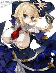 Rule 34 | 1girl, absurdres, ahoge, arm up, belt, blazblue, blonde hair, blue eyes, braid, braided ponytail, breasts, buttons, collared shirt, commission, covered erect nipples, covered navel, dress, english text, es (xblaze), found modori, frilled dress, frilled shirt, frills, highres, huge ahoge, large breasts, long sleeves, looking at viewer, necktie, red necktie, shirt, shortstack, simple background, solo, underbust, white background, xblaze, xblaze code: embryo