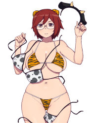 Rule 34 | 1girl, animal ears, animal print, bikini, black-framed eyewear, bob cut, breasts, brown eyes, chinese zodiac, cleavage, closed mouth, commentary, cow ears, cow horns, cow print, cow print bikini, cowboy shot, fake animal ears, fake horns, female focus, glasses, groin, halterneck, highres, horns, large breasts, light frown, looking at viewer, micro bikini, navel, new year, onsen tamago (hs egg), original, print bikini, red hair, short hair, simple background, skindentation, solo, standing, string bikini, swimsuit, taeko (onsen tamago), thigh gap, tiger ears, tiger print, underboob, untied bikini, white background, year of the ox, year of the tiger