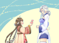 Rule 34 | 2girls, absurdly long hair, age difference, ahoge, ainu clothes, animal ears, anju (utawarerumono), aquaplus, arms up, blue eyes, blue hair, blush, boots, braid, breasts, brown hair, cleavage, closed eyes, coat, cowboy shot, curly hair, eyelashes, fingernails, from side, gradient eyes, gradient hair, hair between eyes, hair ornament, hair over shoulder, height difference, long hair, long sleeves, looking at another, manyu274, medium breasts, multicolored eyes, multicolored hair, multiple girls, munechika, open mouth, own hands clasped, raised eyebrows, sidelocks, skirt, standing, tail, thigh boots, thighhighs, thighs, utawarerumono, utawarerumono: itsuwari no kamen, very long hair, wide sleeves