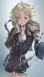 Rule 34 | 10s, 1boy, blonde hair, freckles, gokotai, hair over one eye, highres, long sleeves, looking at viewer, male focus, nurumi, parted lips, sheath, sheathed, shorts, solo, sword, teeth, touken ranbu, trap, weapon, yellow eyes