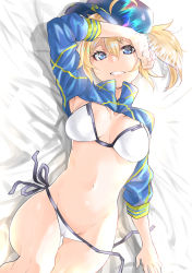 Rule 34 | 1girl, ahoge, arm on own head, artoria pendragon (fate), bikini, blonde hair, breasts, cleavage, fate/grand order, fate (series), from above, gluteal fold, groin, hair between eyes, hat, highres, lying, medium breasts, mysterious heroine x (fate), mysterious heroine xx (fate), navel, on back, ponytail, shignonpencil, shrug (clothing), smile, solo, swimsuit, untied bikini
