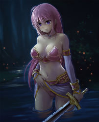 Rule 34 | 1girl, armor, bikini armor, borurun, character request, clothes lift, copyright request, highres, lake, long hair, pink hair, purple eyes, skirt, skirt lift, solo, sword, tagme, weapon