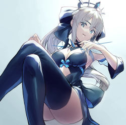 Rule 34 | 1girl, black bow, black dress, black footwear, blue eyes, boots, bow, braid, breasts, center opening, cleavage, crossed legs, dress, fate/grand order, fate (series), french braid, grey hair, hair bow, highres, large breasts, long hair, long sleeves, looking at viewer, morgan le fay (fate), ponytail, sidelocks, solo, spikes, thigh boots, thighhighs, thighs, tiara, torimahera, two-tone dress, very long hair, white dress