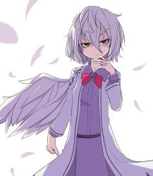 Rule 34 | 1girl, angel wings, arai togami, bow, brooch, dress, feathers, jacket, jewelry, kishin sagume, long sleeves, looking at viewer, open clothes, open jacket, purple dress, red eyes, short hair, silver hair, single wing, solo, touhou, wings