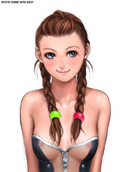 Rule 34 | 1girl, blue eyes, breasts, brown hair, long hair, medium breasts, nipples, ryu (ryu&#039;s form site), see-through, simple background, smile, solo, twintails, white background, zipper