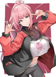 Rule 34 | 1girl, absurdres, crop top, highres, hololive, hololive english, jacket, jewelry, midriff, mori calliope, necklace, pink eyes, pink hair, ponytail, seino (sasakike1305), solo, virtual youtuber
