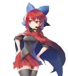 Rule 34 | 1girl, black thighhighs, blouse, bow, breasts, cape, clear echoes, contrapposto, hair bow, hands on own hips, highres, medium breasts, miniskirt, pleated skirt, red eyes, red hair, red skirt, sekibanki, shirt, short hair, skirt, sleeves rolled up, smile, solo, standing, thighhighs, touhou, zettai ryouiki