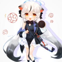 Rule 34 | 1girl, animal ears, bag, black dress, black hair, black jacket, blue archive, blush, commentary request, dress, feet out of frame, frilled skirt, frills, grey hair, halo, highres, holding, holding pencil, ink stamp, jacket, kokona (blue archive), long hair, looking at viewer, multicolored hair, off shoulder, open clothes, open jacket, open mouth, orange eyes, pelvic curtain, pencil, shoulder bag, single bare shoulder, skirt, smile, solo, stamp mark, streaked hair, striped clothes, striped dress, striped jacket, tiger ears, tiger girl, tobari ichi, vertical-striped clothes, vertical-striped dress, vertical-striped jacket, very long hair