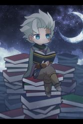 Rule 34 | 1boy, ameamee69, asymmetrical bangs, belafu (human), blue eyes, blurry, book, book stack, bright pupils, brown pants, burn scar, chibi, cloak, closed mouth, cloud, commentary request, crescent, crescent moon, crossed legs, depth of field, expressionless, green cloak, green scarf, grey footwear, grey hair, highres, holding, holding book, letterboxed, light particles, made in abyss, male focus, mini person, miniboy, moon, night, night sky, on book, open book, pants, reading, sandals, scar, scar on face, scarf, shin guards, short hair, sitting, sky, solo, star (sky), starry sky, too many, too many books, vambraces, yellow pupils
