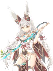 Rule 34 | 1girl, absurdres, animal ears, bell, breasts, cleavage, cowboy shot, fang, highres, holding, holding weapon, jingle bell, kwanchung ho, leotard, long hair, looking at viewer, low-tied long hair, nia (blade) (xenoblade), nia (xenoblade), nintendo, niyah, open mouth, rope, solo, spoilers, standing, thighhighs, thighs, weapon, white background, white hair, white thighhighs, wide sleeves, xenoblade chronicles (series), xenoblade chronicles 2, yellow eyes