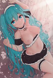Rule 34 | 1girl, 39, absurdres, aqua eyes, aqua hair, arm garter, blush, breasts, breasts apart, cherry blossoms, closed mouth, collar, commentary, detached collar, frilled collar, frilled garter, frilled headwear, frilled skirt, frilled straps, frills, hair between eyes, hatsune miku, headdress, highres, long hair, looking at viewer, lying, medium breasts, mikoo o39, navel, nipples, no bra, on back, on bed, panties, petals, sidelocks, skirt, stomach, string panties, symbol-only commentary, thigh strap, twintails, underwear, vocaloid